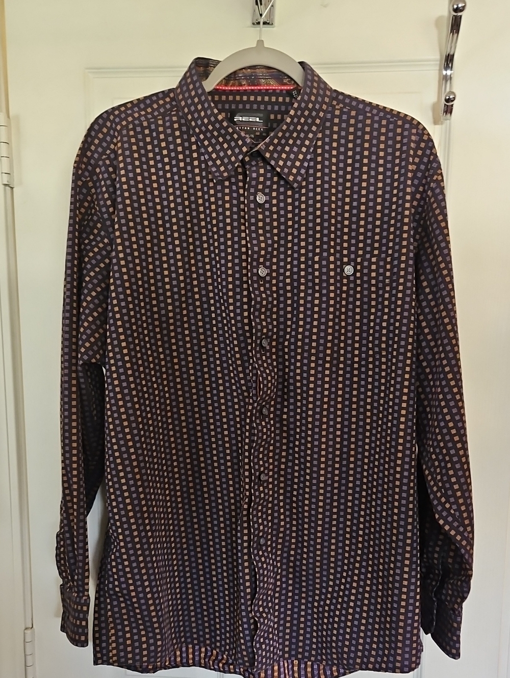 Reel Legends Navy and Tan Checked Long-Sleeve Button-Down Shirt
